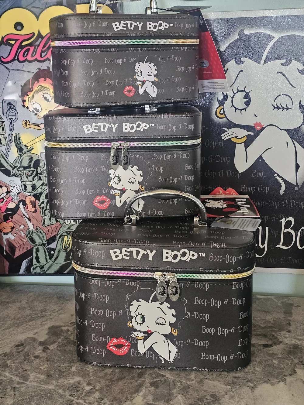 Betty Boop Black Cosmetic Train Case Set with Pink Accent Zippers